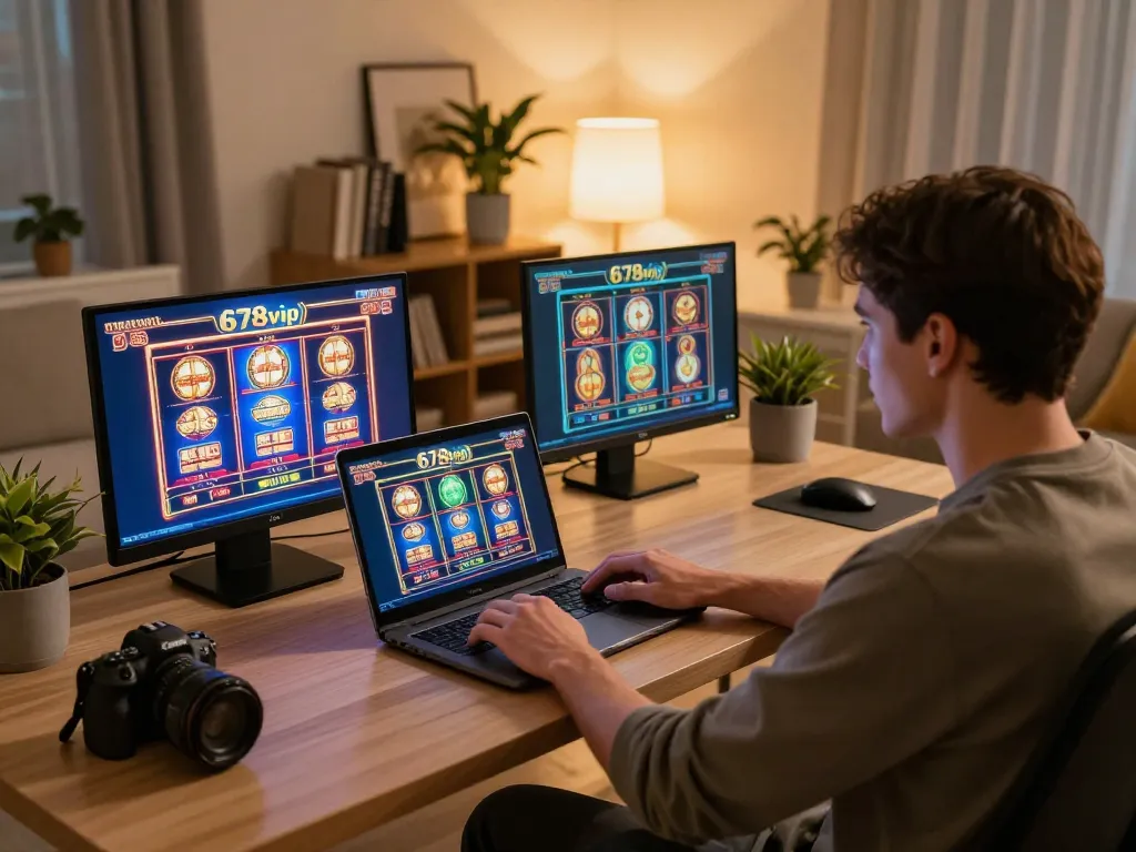 Engaging player enjoying online slots on 678vip in a stylish home office setting