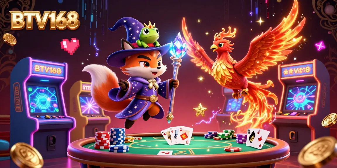Engage with the dynamic scene featuring BTV168's mystical wizard and vibrant casino elements.
