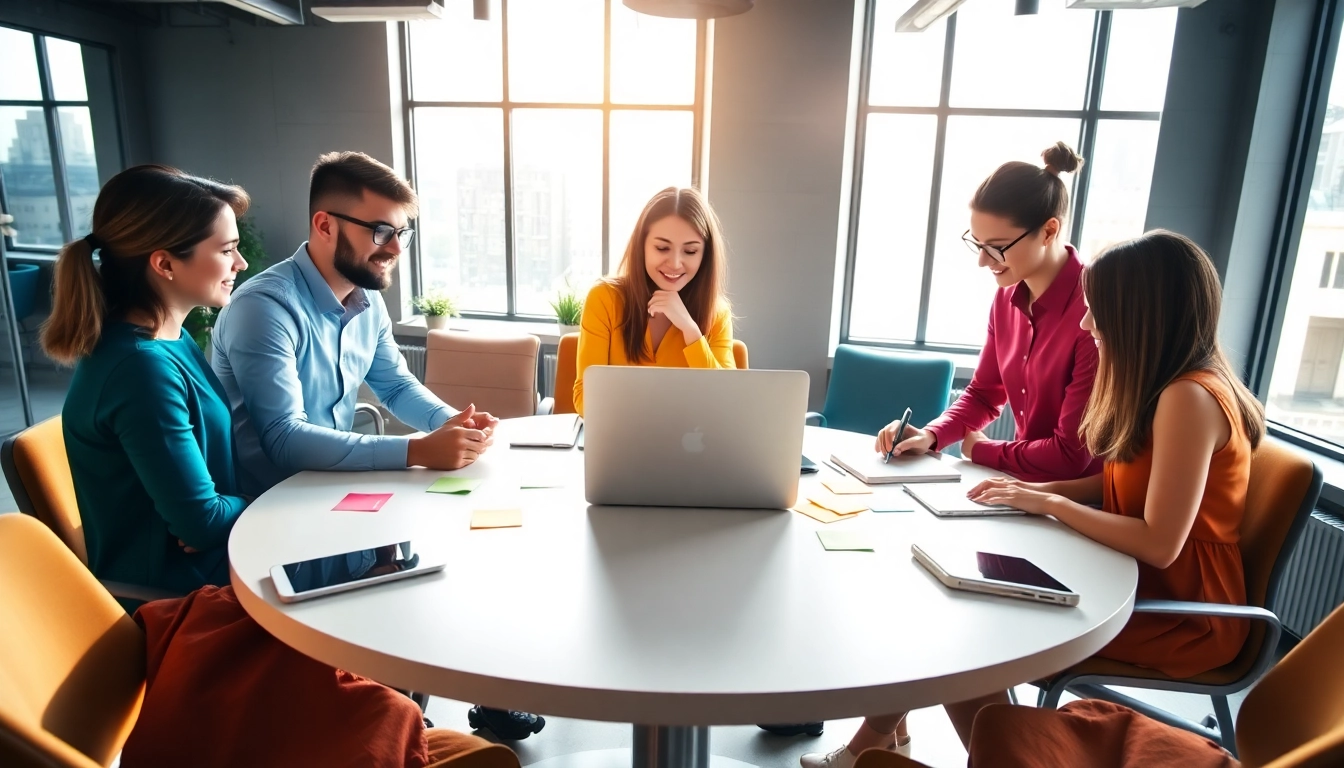 Dynamic teamwork among social media marketing companies edmonton in a vibrant office setting.
