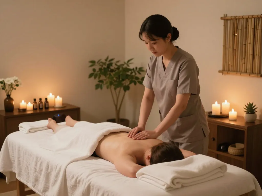 Relaxing 논현동마사지 spa scene with ambient lighting and essential oils.