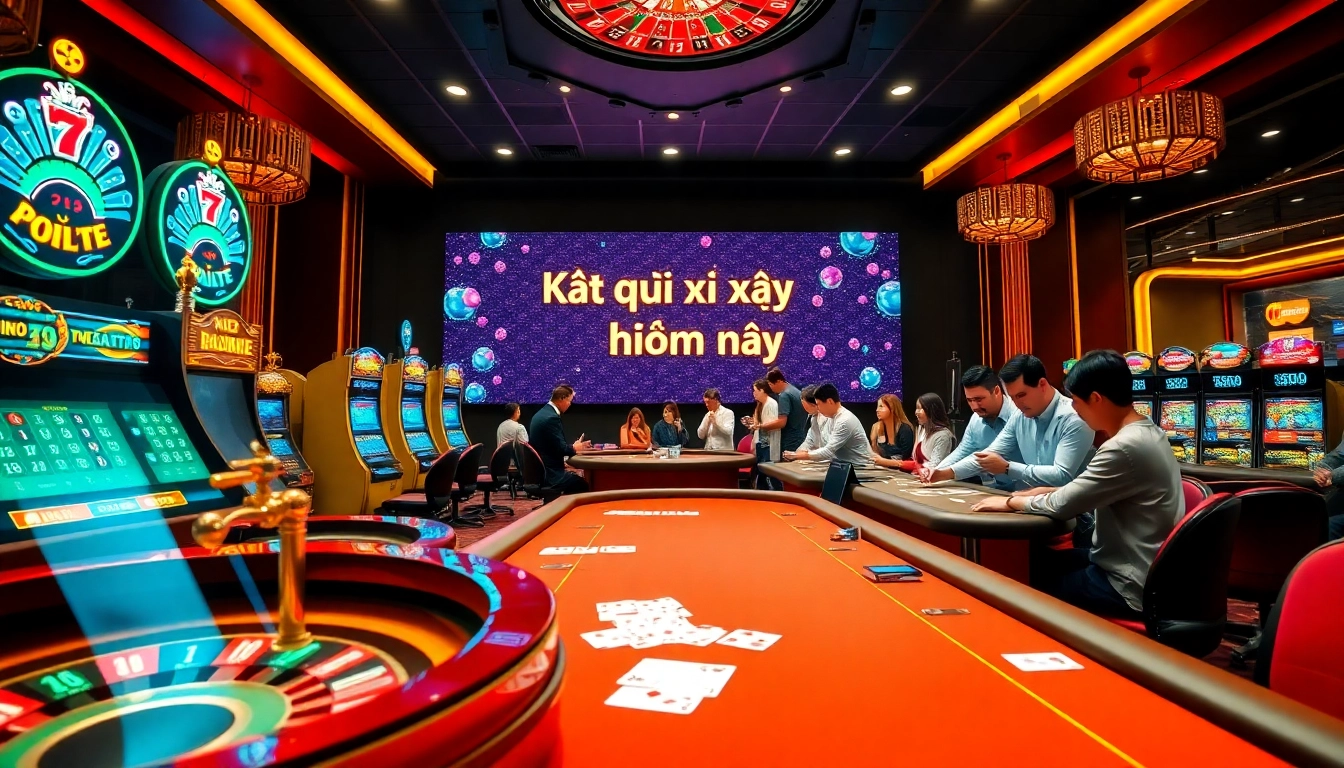 Kết quả xổ số hôm nay showcased in an exciting casino scene with roulette, slot machines, and eager gamblers.