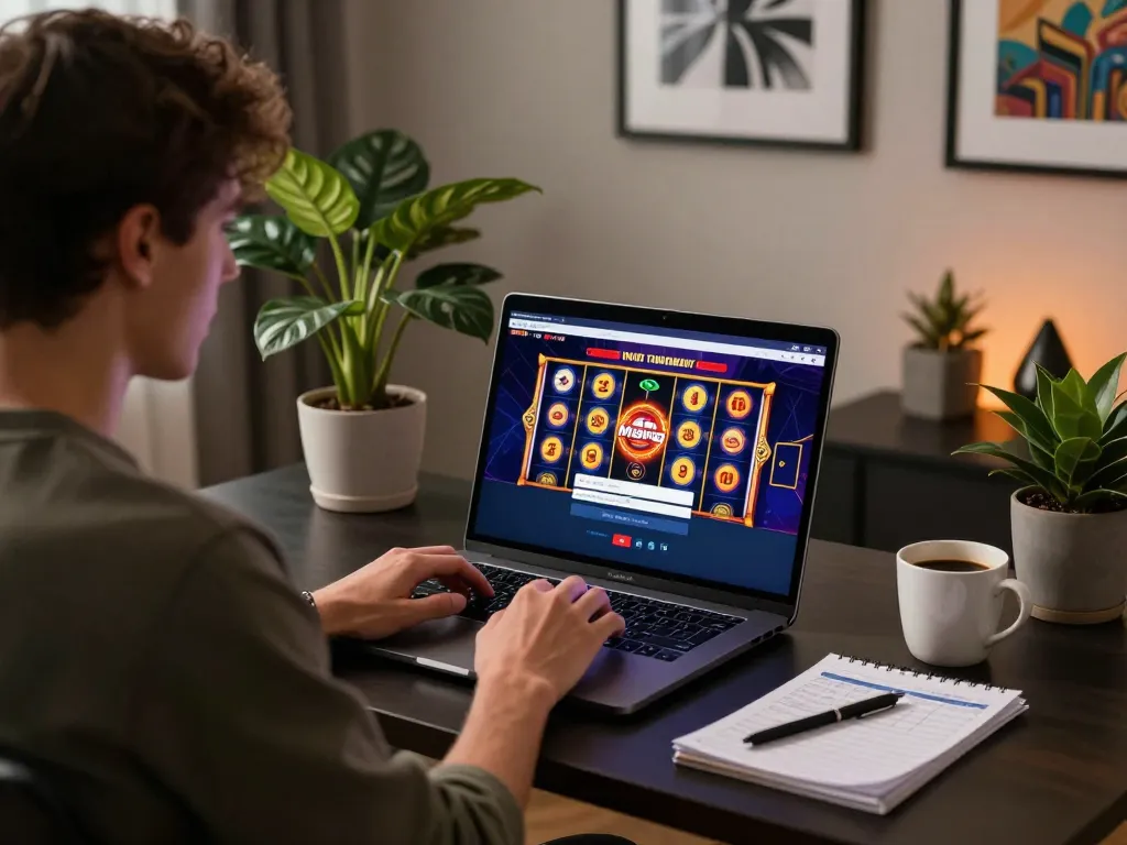 Accessing Mesingg login for exciting online slot gaming in a stylish home office.