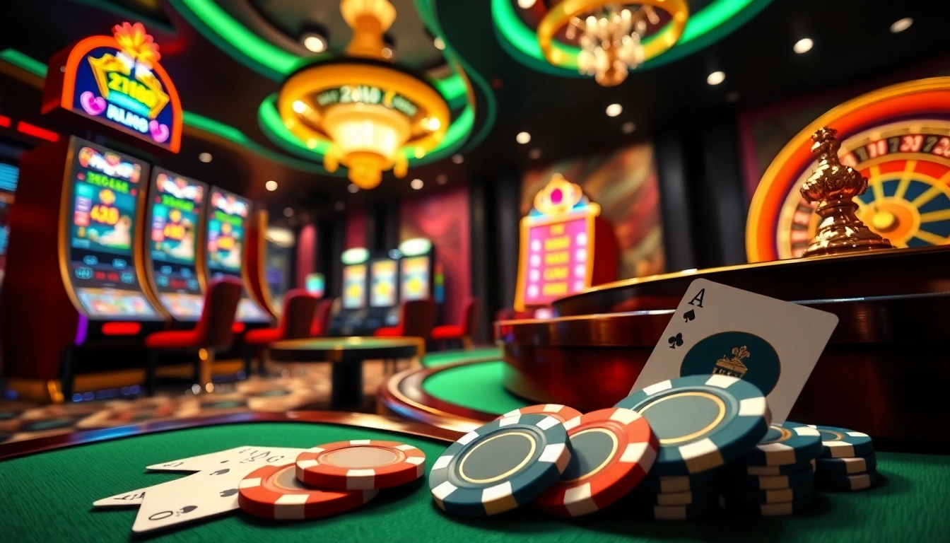Enjoying a thrilling game experience at xin88 online casino with vibrant slot machines and poker chips.