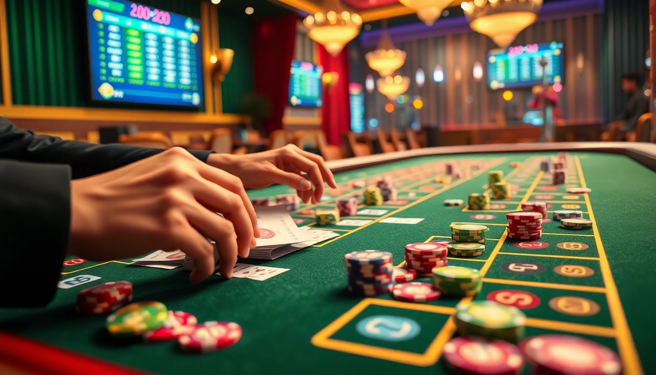 Tangan memasang taruhan di atas meja taruhan mewah dengan chip poker berwarna-warni, menyoroti kegembiraan Utama4D Togel.