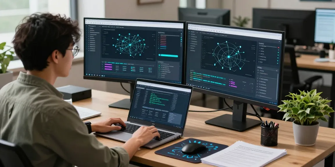 Cybersecurity analyst working on shs-dome5.com security protocols in a modern office.
