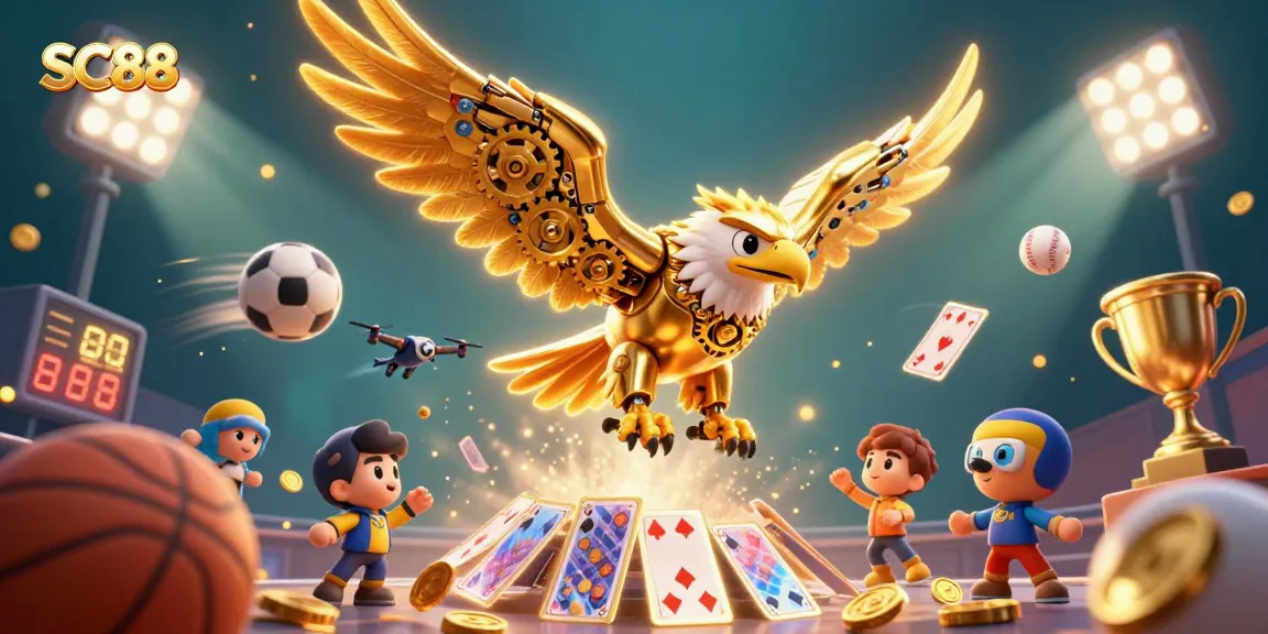 Experience the thrill of SC88 with a cybernetic eagle diving through vibrant 3D sports elements and holographic cards.