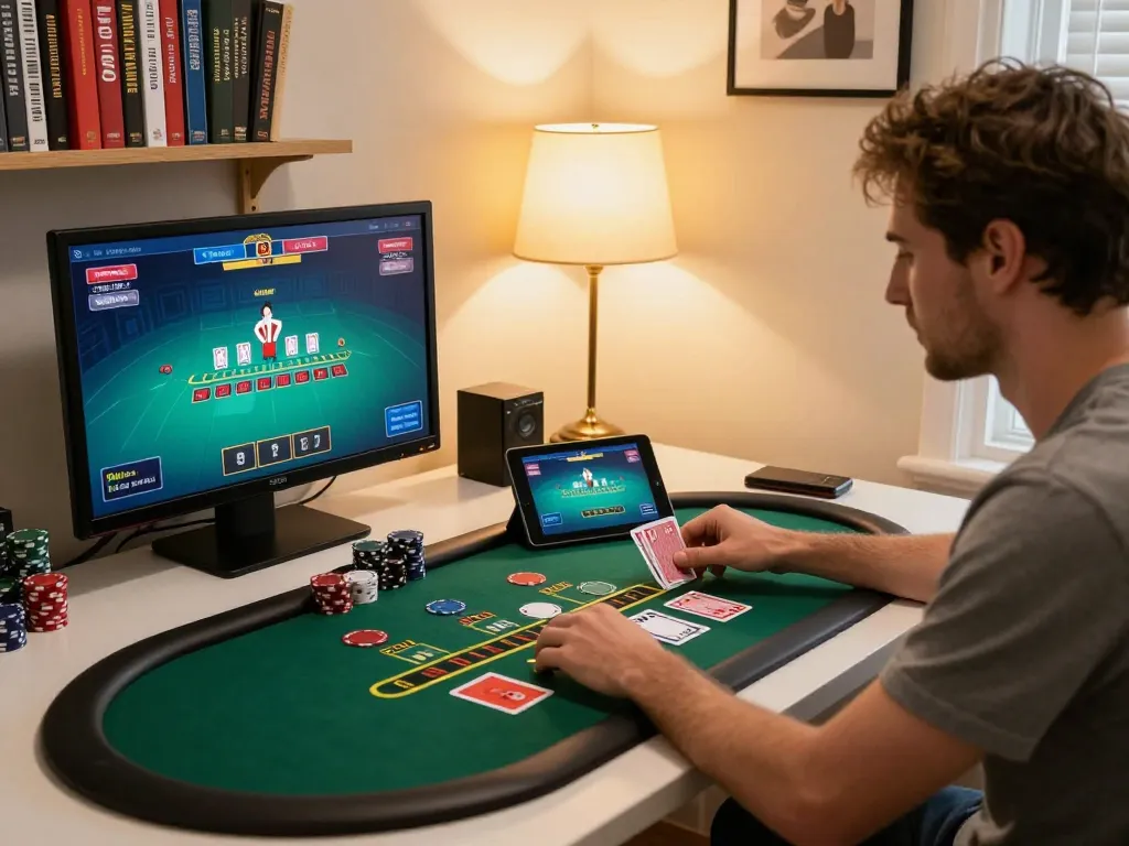 Engaging online gaming scene with thabet interface displayed on tablet, person concentrating on live dealer blackjack play