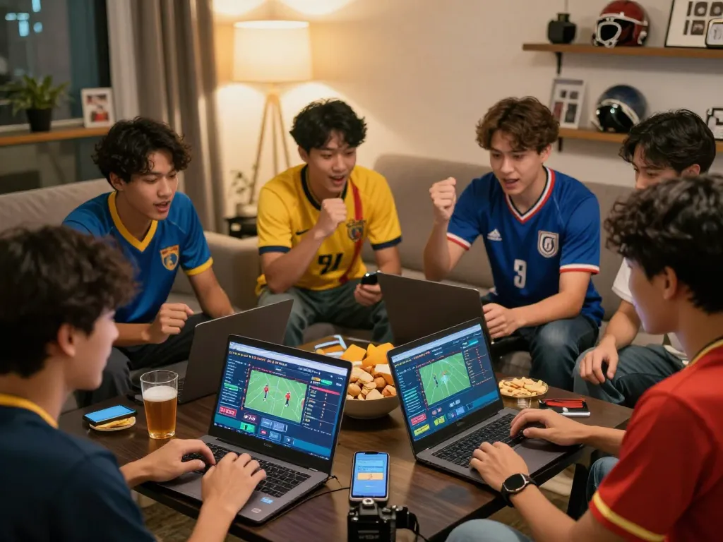 Bongdalu users engaging in live sports betting with apps and devices, displaying excitement and camaraderie.
