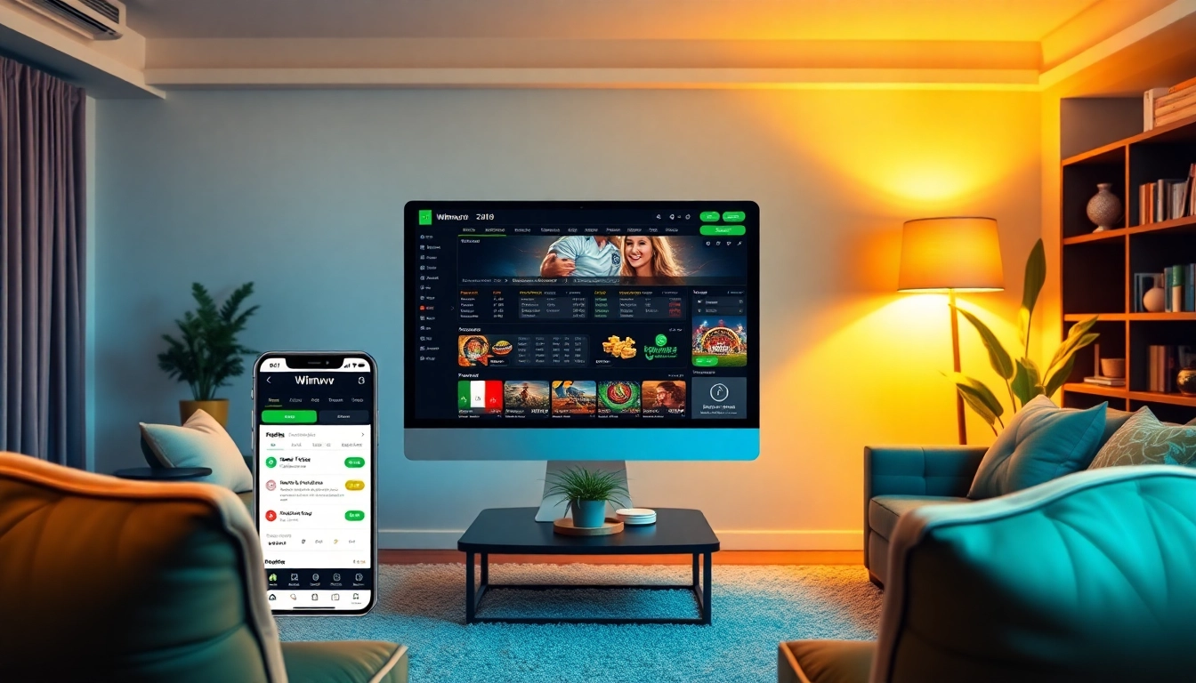 Engaging depiction of Nhà cái Winvn online gambling platform with modern interface and inviting atmosphere.