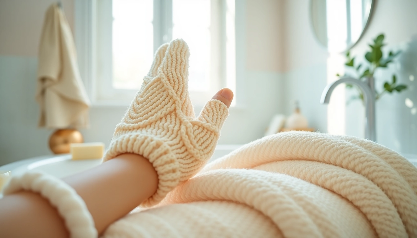 Hand loofah glove resting on a towel in a bright bathroom setting.