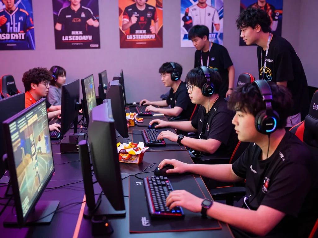 Players engaged in a ligasedayu gaming tournament, showcasing vibrant atmosphere and high-end gaming gear.