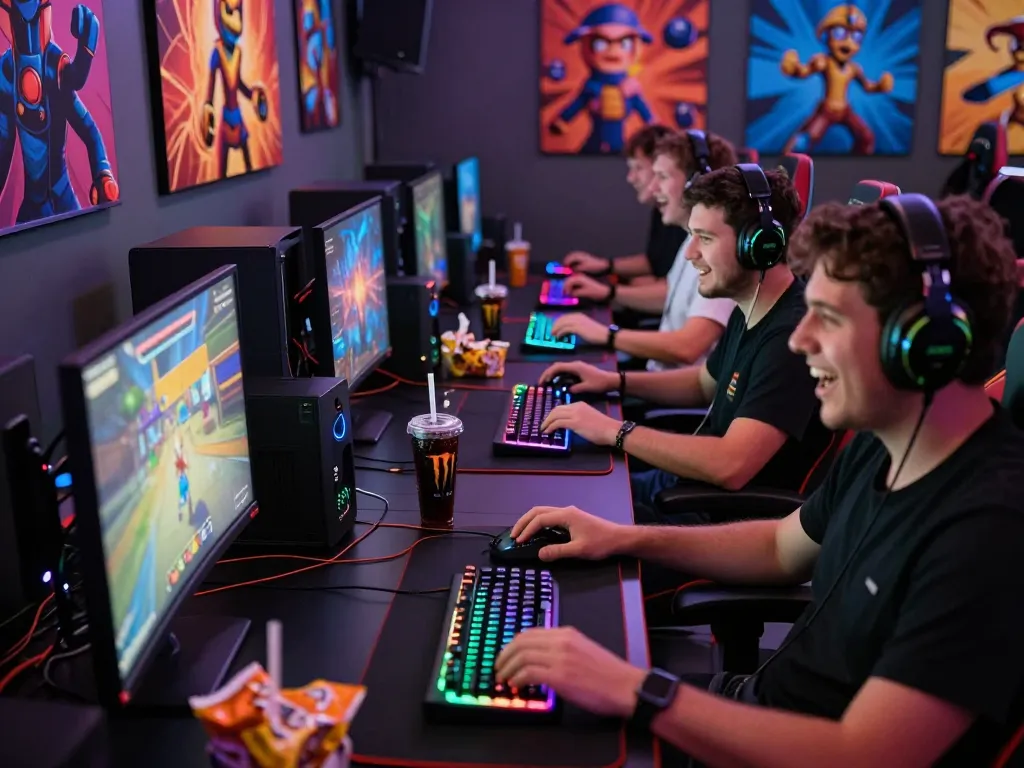 Exciting gaming atmosphere at vegasslot77, showcasing gamers in action with vibrant setups.