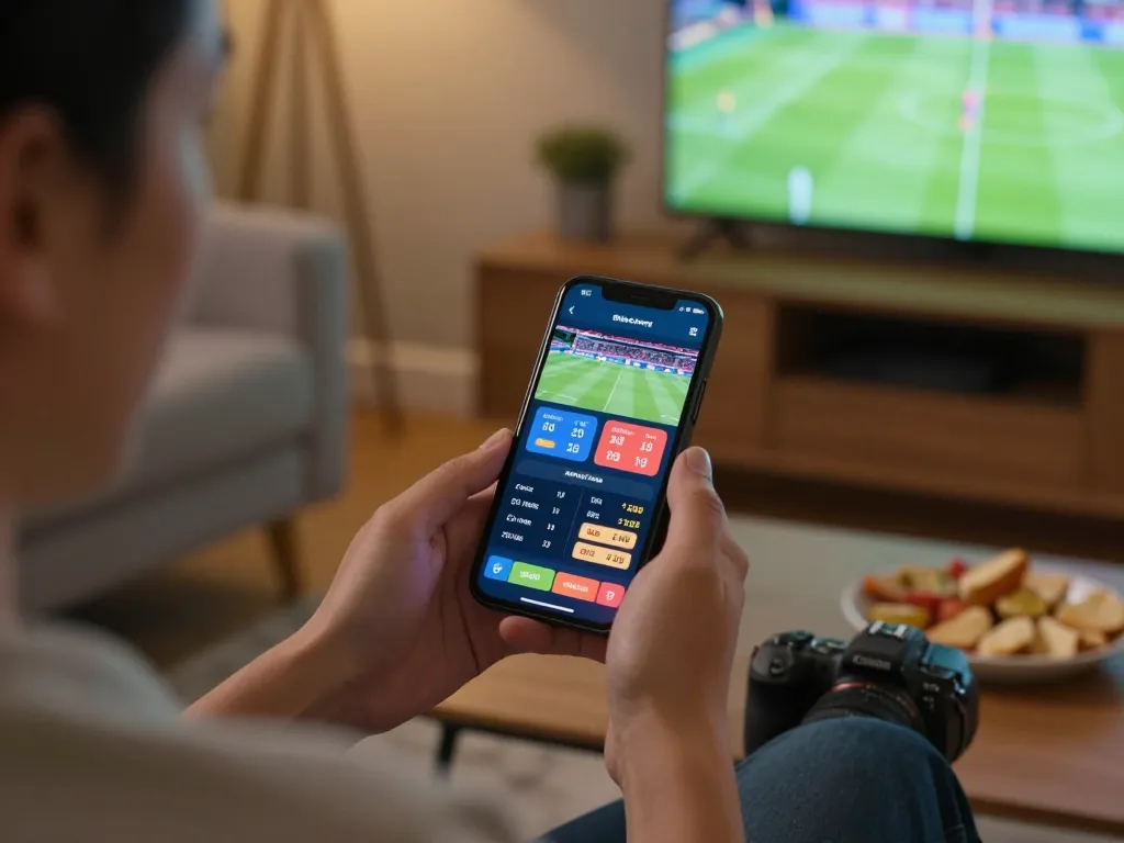 Engaging with 888now com for live sports betting on smartphone in a cozy home setting.