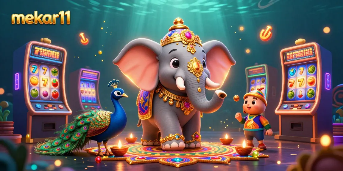 Engage with mekar11, featuring a vibrant 3D slot scene with a Diwali-themed elephant and casino elements.