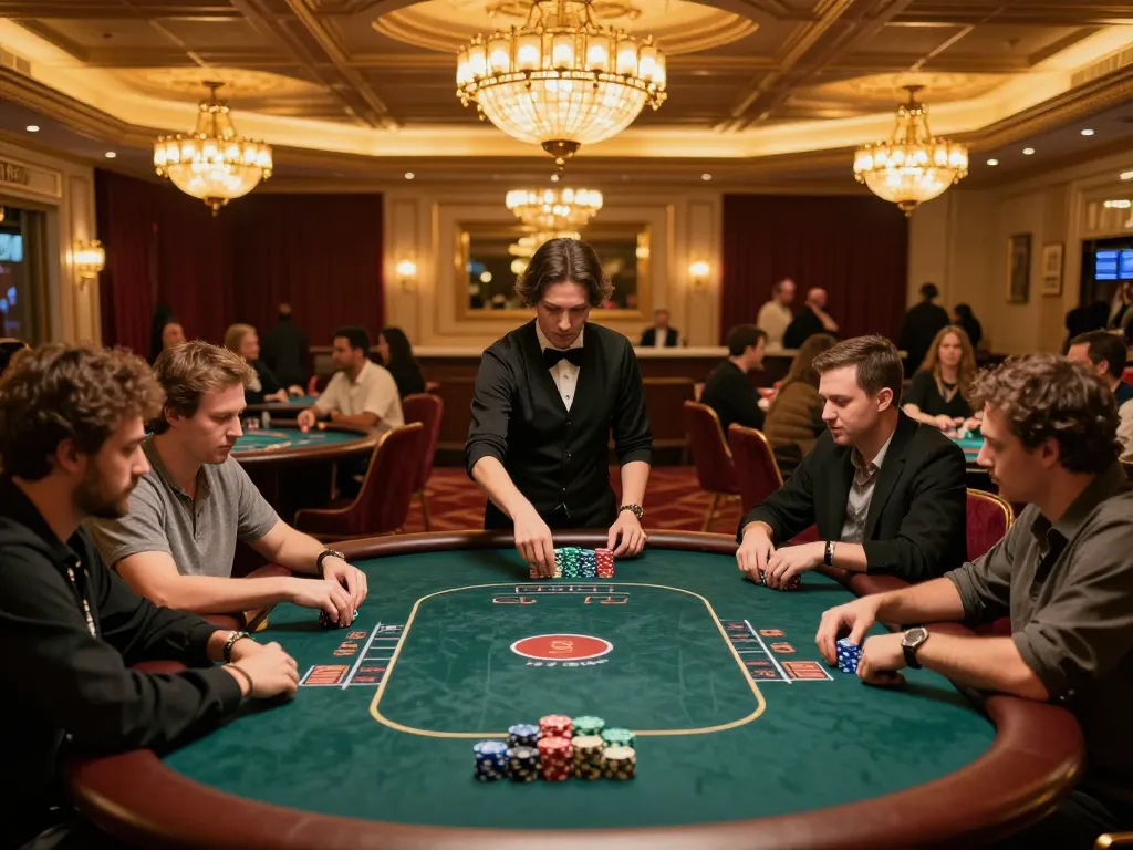 KKWIN poker players strategizing at an upscale casino table, showcasing vibrant chips and engaging gameplay.