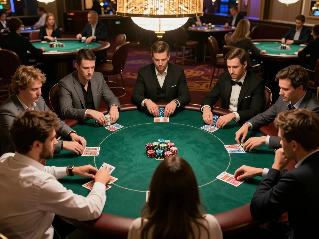 KQBD poker game in progress showcasing strategic bets and player focus in a sophisticated casino.
