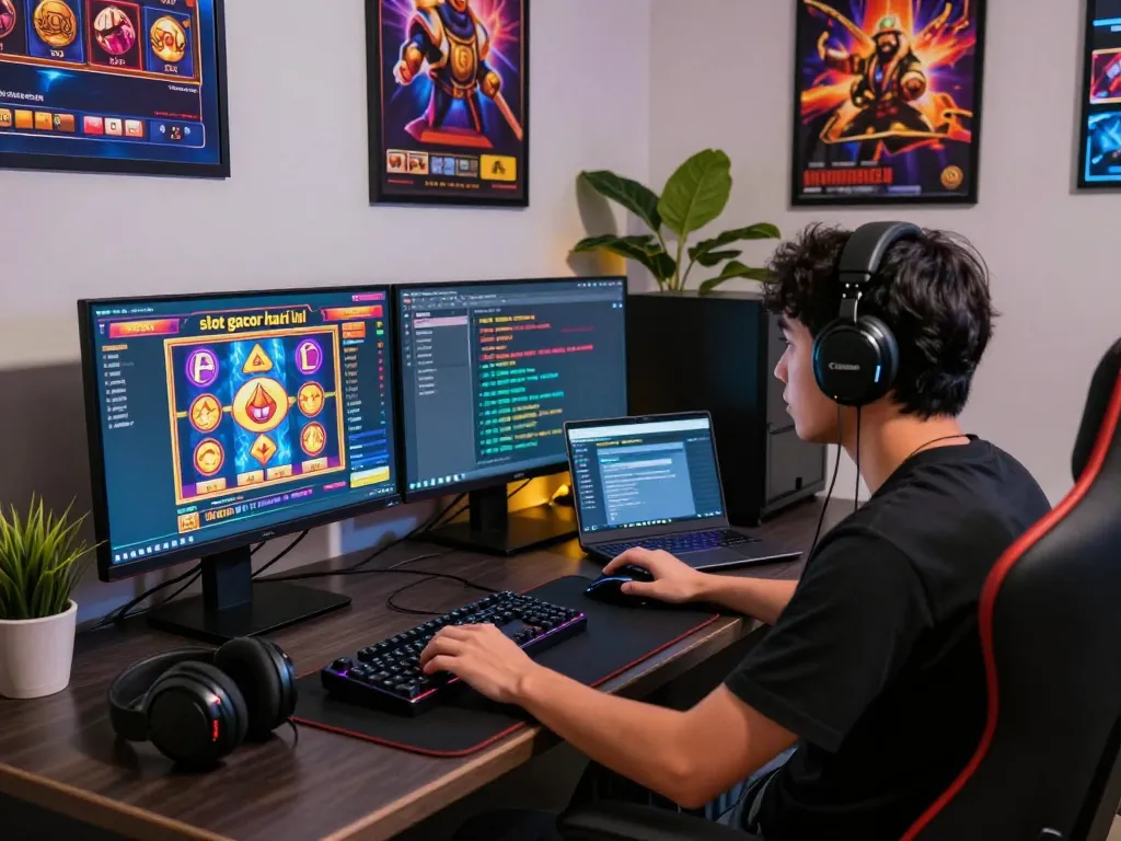 Exciting gaming scene focusing on "slot gacor hari ini" with a player engaged in online slots.