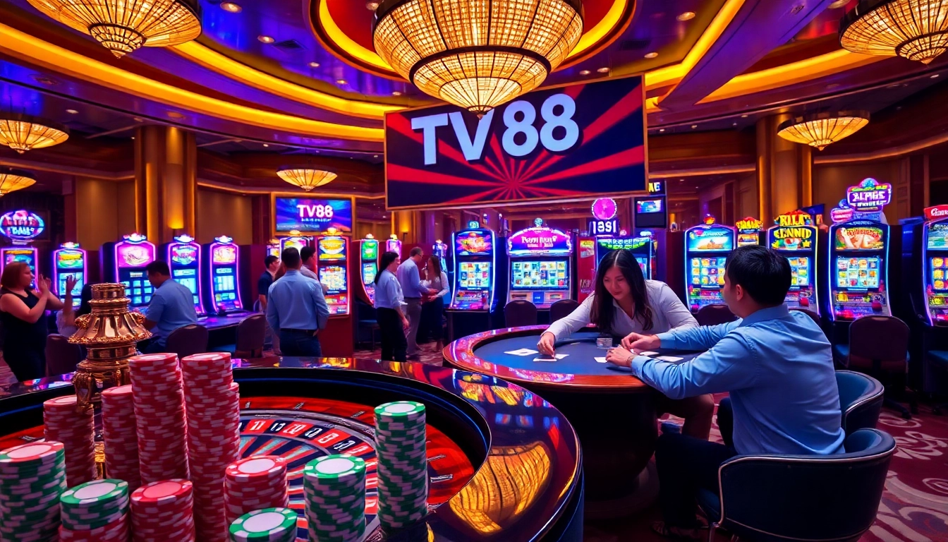 Players enjoying a thrilling roulette game at a luxurious casino featuring TV88 branding.