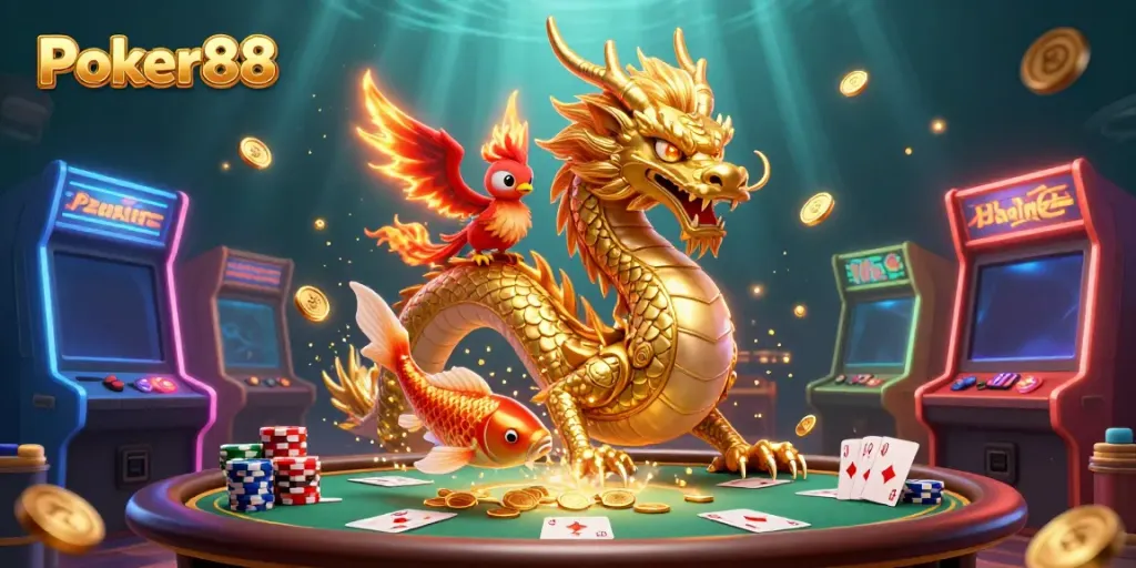 Experience high-stakes action with Poker88 as the golden dragon and fiery phoenix soar through a vibrant casino world.