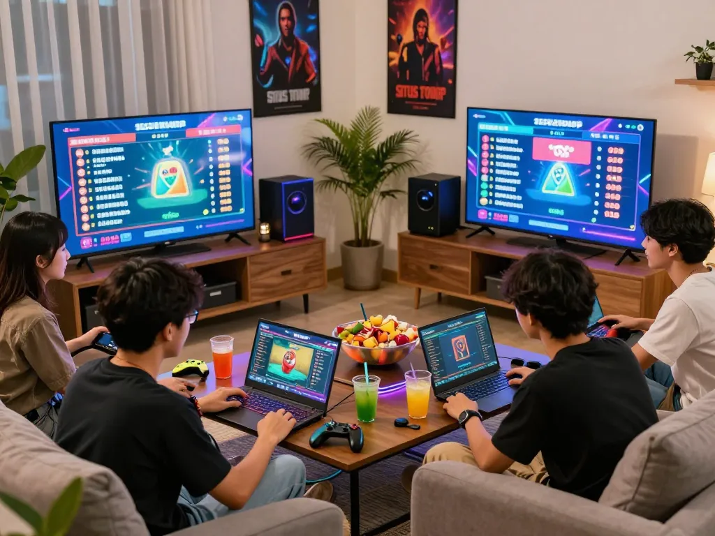 Engaged gamers enjoying live Situs Togel games in a modern setting.