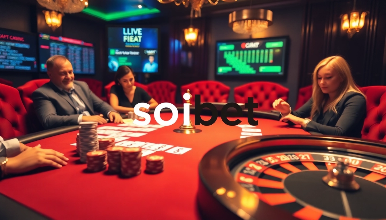 Engaged players strategize their bets at the luxury Soibet poker table amidst vibrant gaming ambiance.