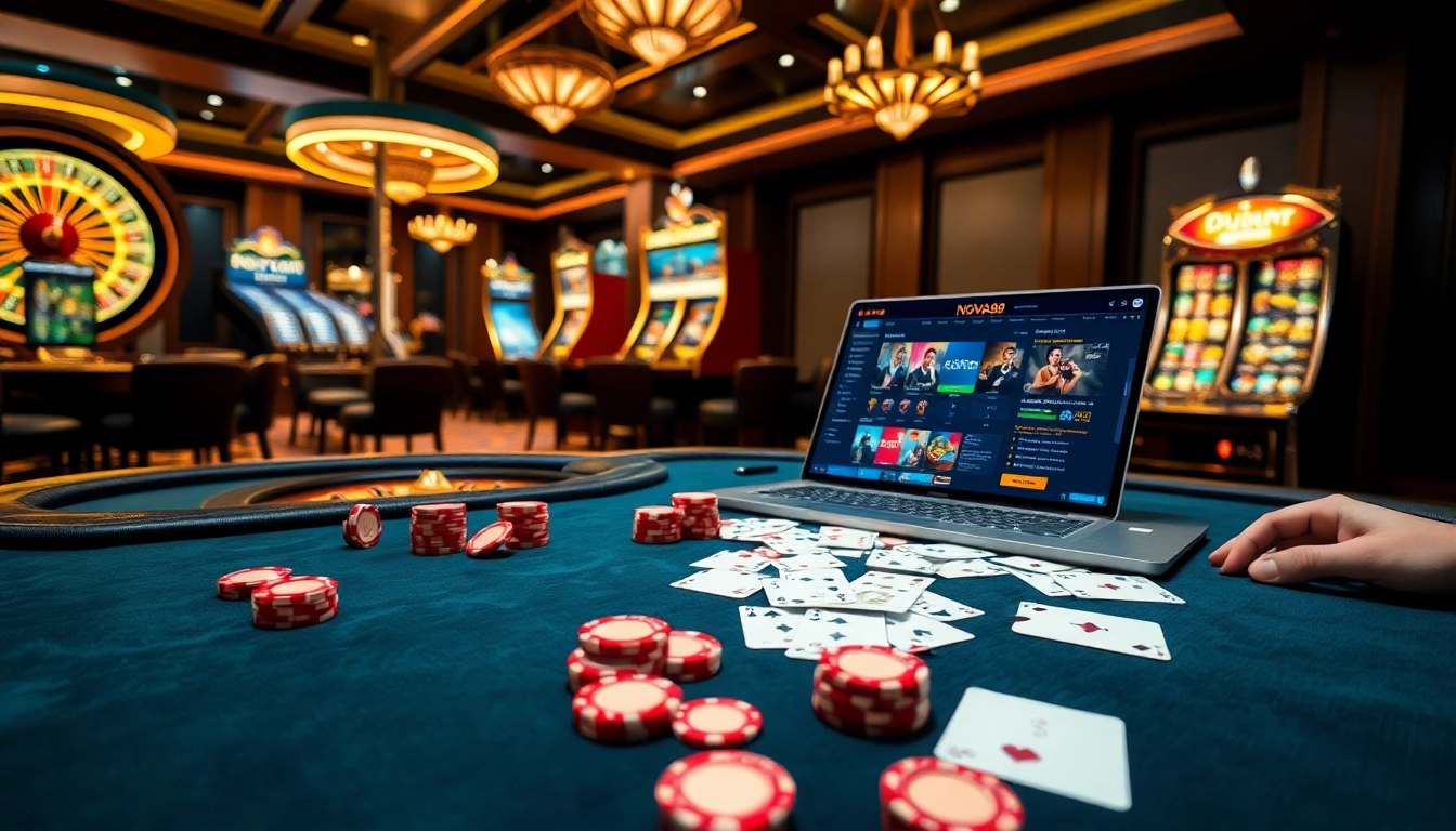 NOVA88 casino scene illustrating poker and roulette excitement with premium online gambling experience.