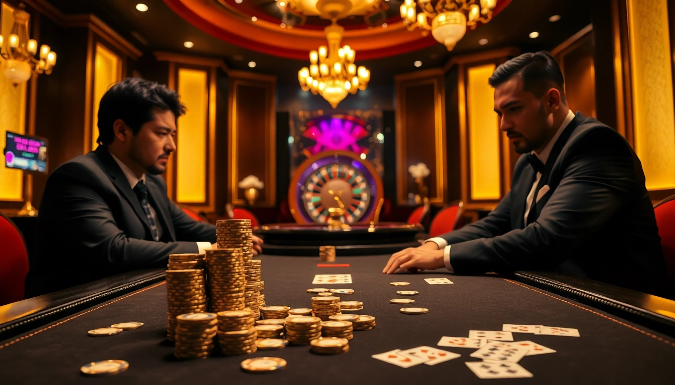 Professional players facing off in a riveting poker match at 99OK casino, showcasing excitement and skill.