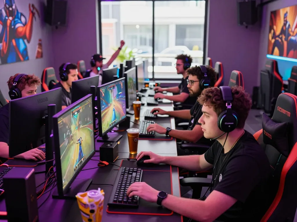 Mantra88 login scene showcasing excited players engaged in a multiplayer game with dynamic lighting and high-tech setups.
