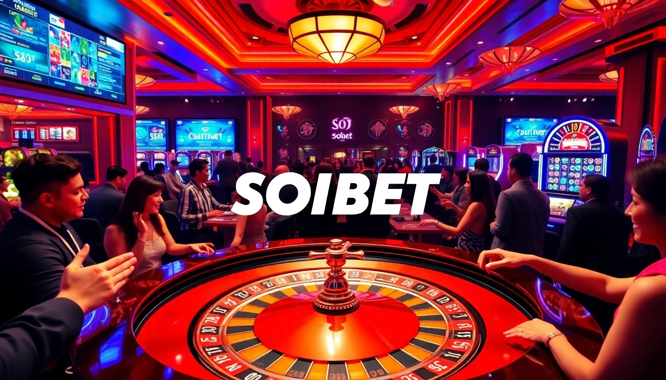 Experience the excitement of SOIBET with vibrant casino scenes featuring roulette, slots, and thrill.