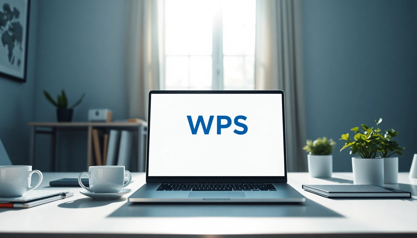 Modern office showcasing WPS办公软件 on a laptop amidst a clean workspace, reflecting efficiency.