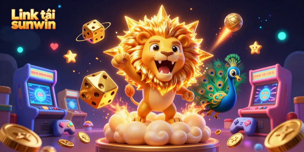 Experience the excitement with Link tải sunwin as a vivid sun lion roars amidst colorful arcade games and glowing elements.