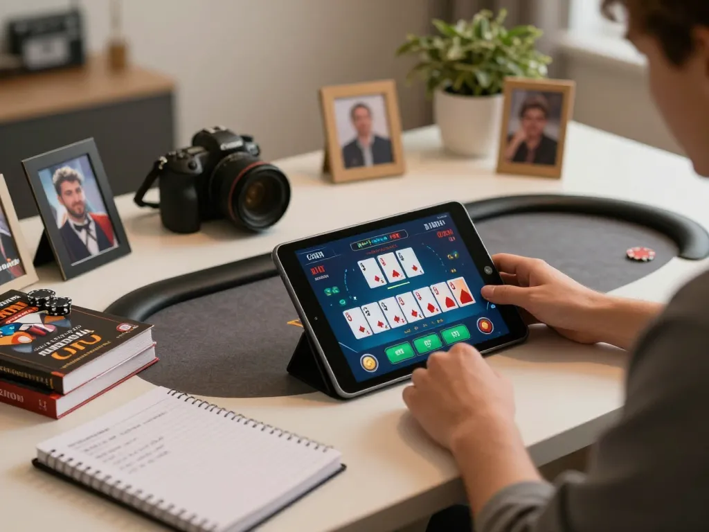 Player engaging in online poker at https://ok789.space/ with a tablet showing cards and betting options.