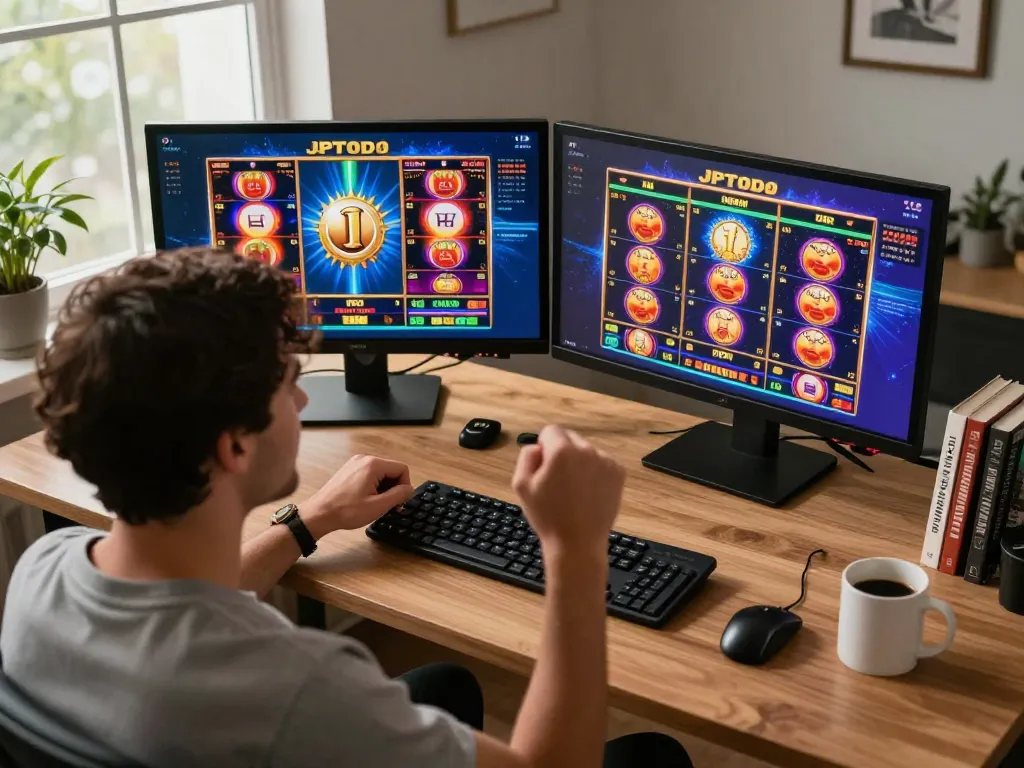 Player celebrating a win on JPTOTO while gaming at home, showcasing vibrant slot interface and cozy setup.