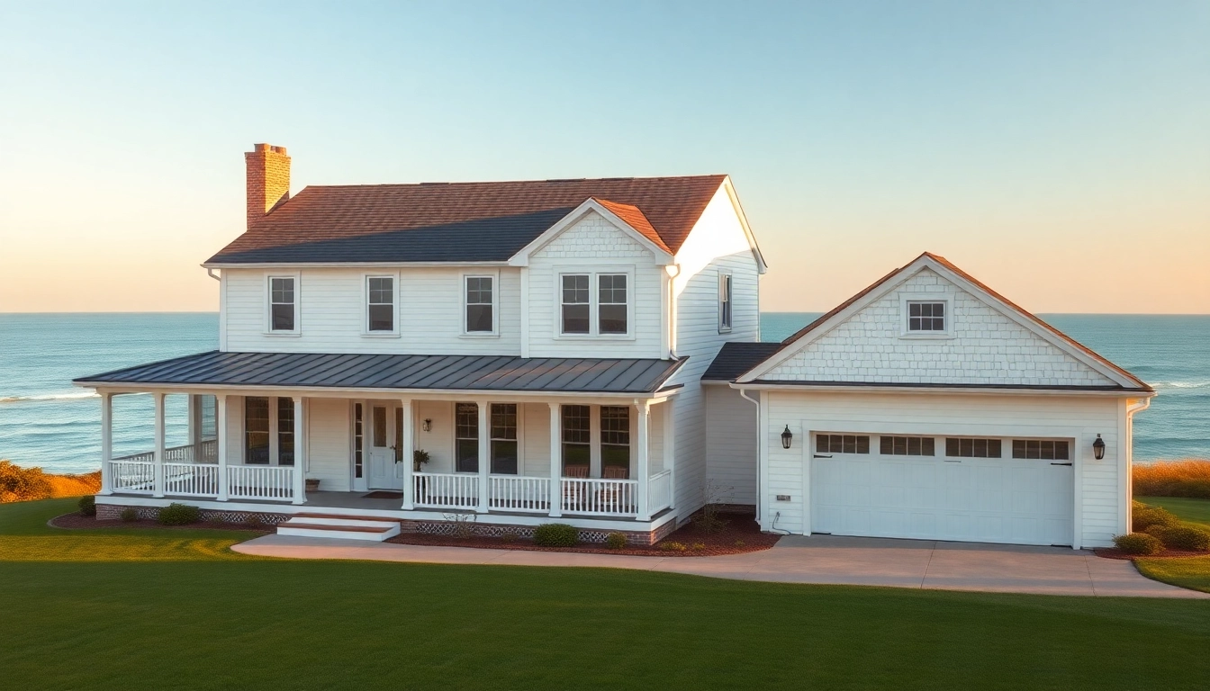 Exquisite cape cod home showcasing a stylish expansion and garage under bright coastal light.