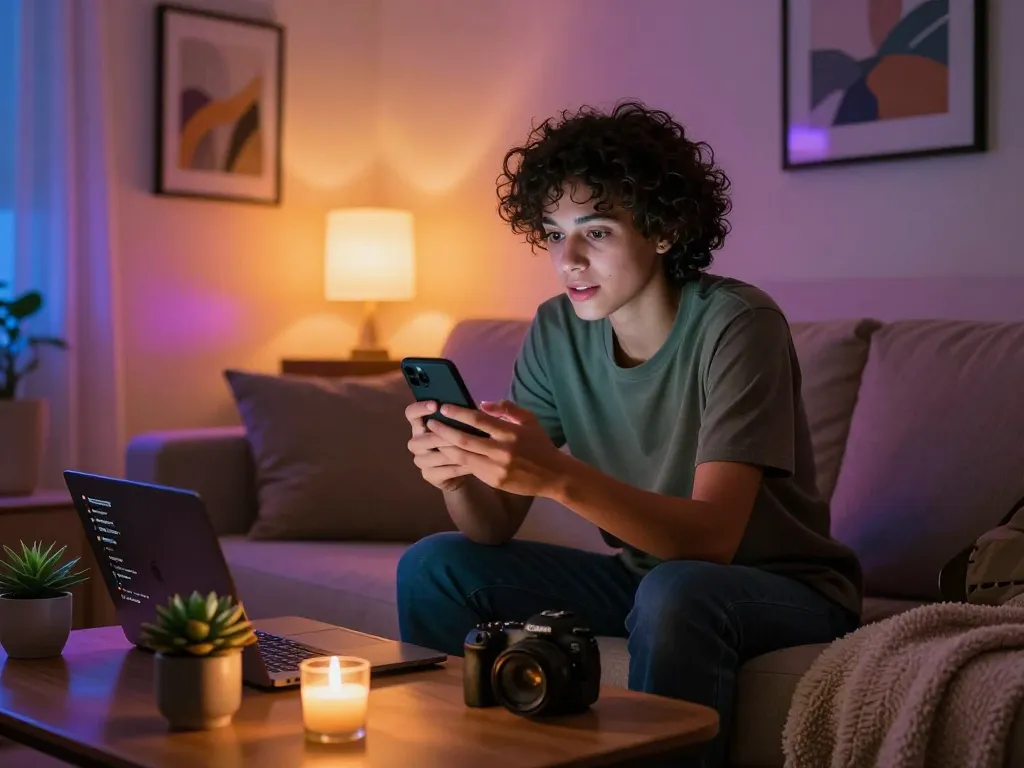 Individual engaging in a spicy chat on their smartphone in a cozy living room.