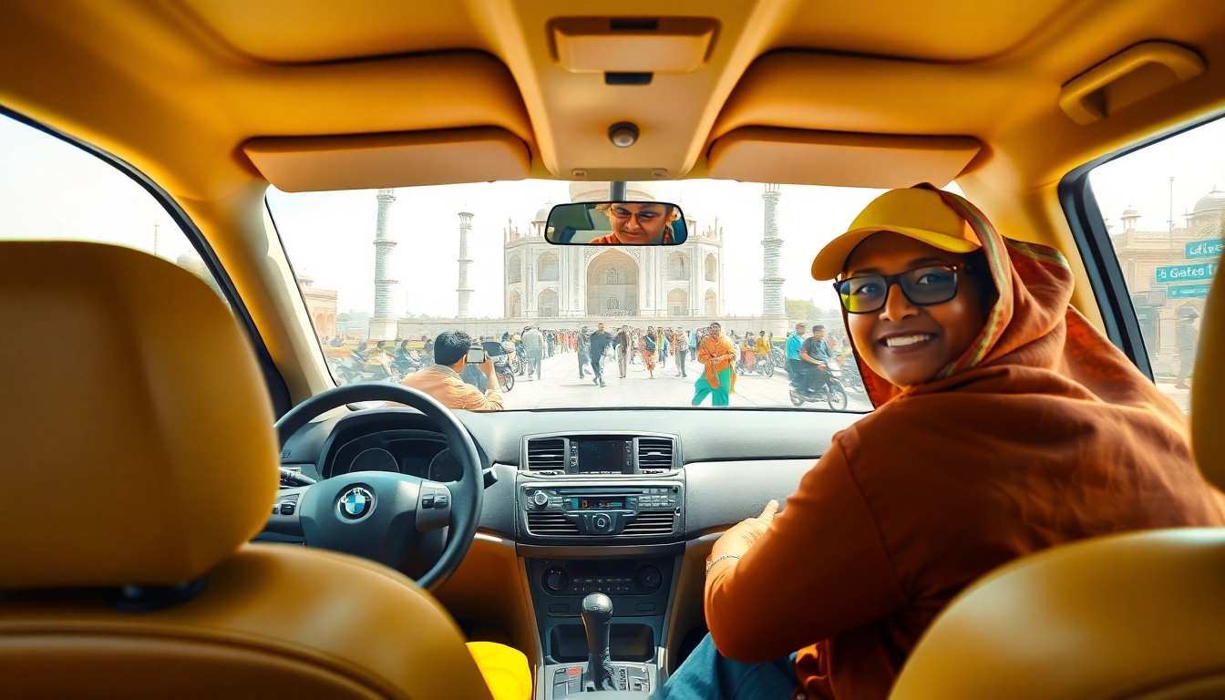 Agra Taxi service featuring a clean taxi near the Taj Mahal, showcasing safety and reliability.