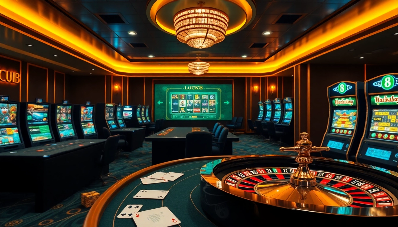 Experience high-stakes excitement with LUCK8 in this vibrant online casino scene featuring roulette and slot machines.