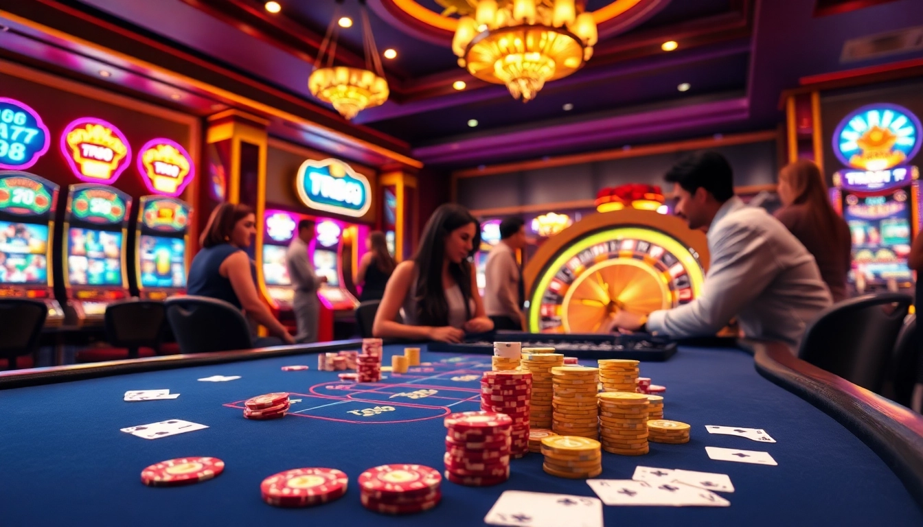 TR88 gaming table with poker chips, cards, and illuminated slot machines in a vibrant casino setting