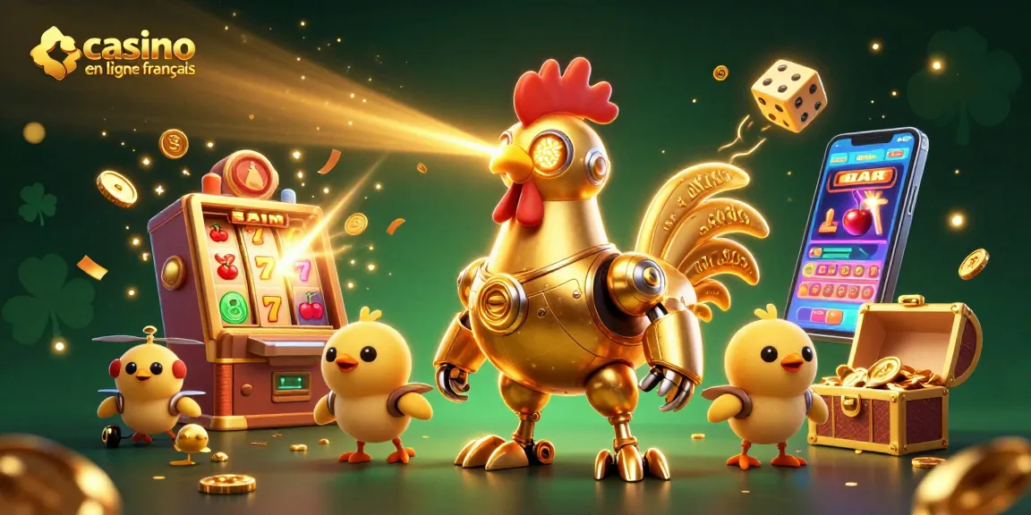 Vivez l'excitation du casino en ligne français avec un robot coq doré et des jeux captivants.
