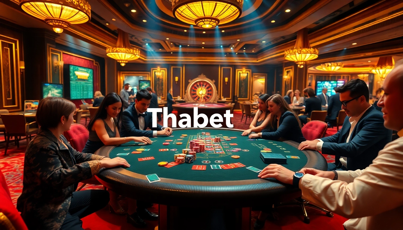 Players enjoying a high-stakes poker game at Thabet77 casino, surrounded by luxury and excitement.