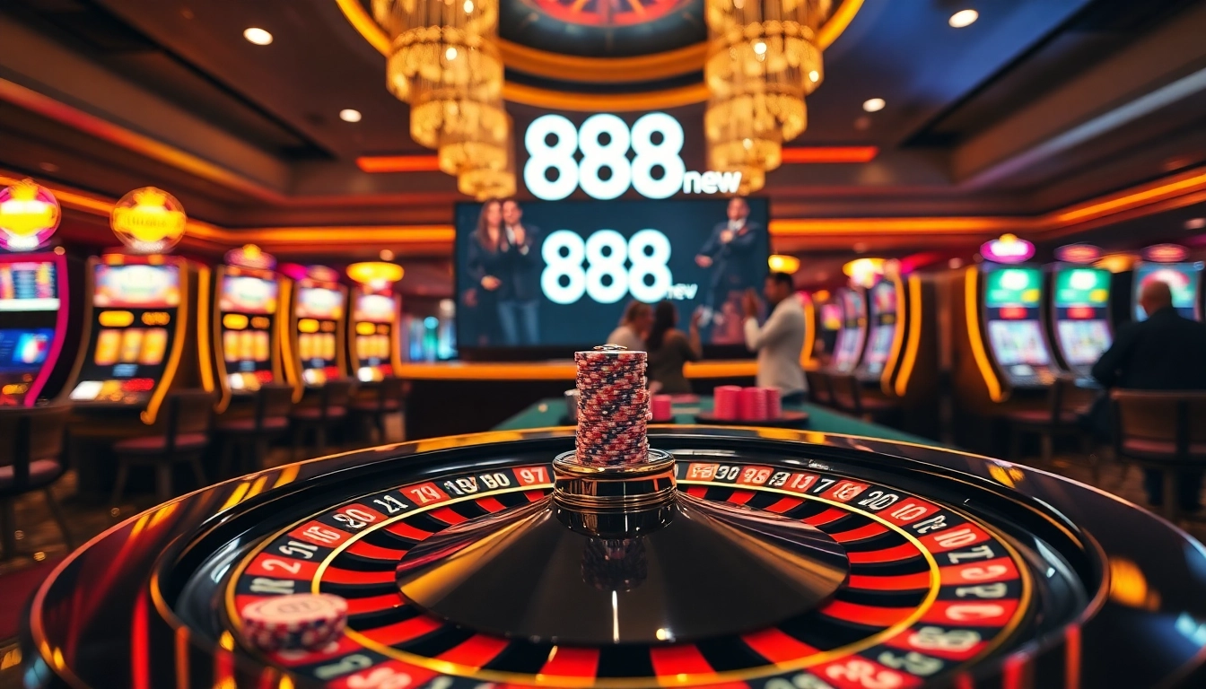 Experience excitement at 888new with players celebrating wins at a luxurious casino table.