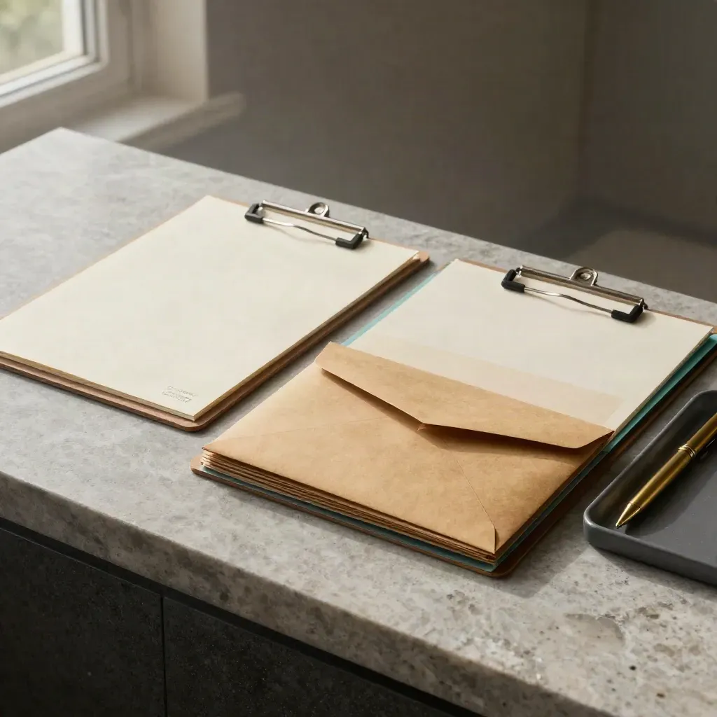 Survey clipboards, envelopes, brass pen and archive tray on pale stone with a soft teal accent.