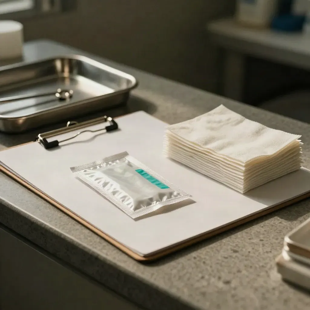 Clinic still life with clipboard, swab packet, stainless tray and gauze on a dark studio counter.