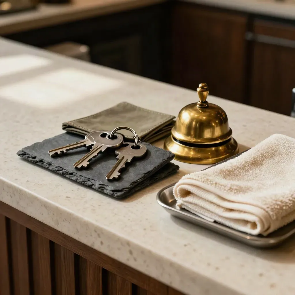 Top-down cluster of hotel key sleeves, brass bell, terry towel and tray on a travertine counter.