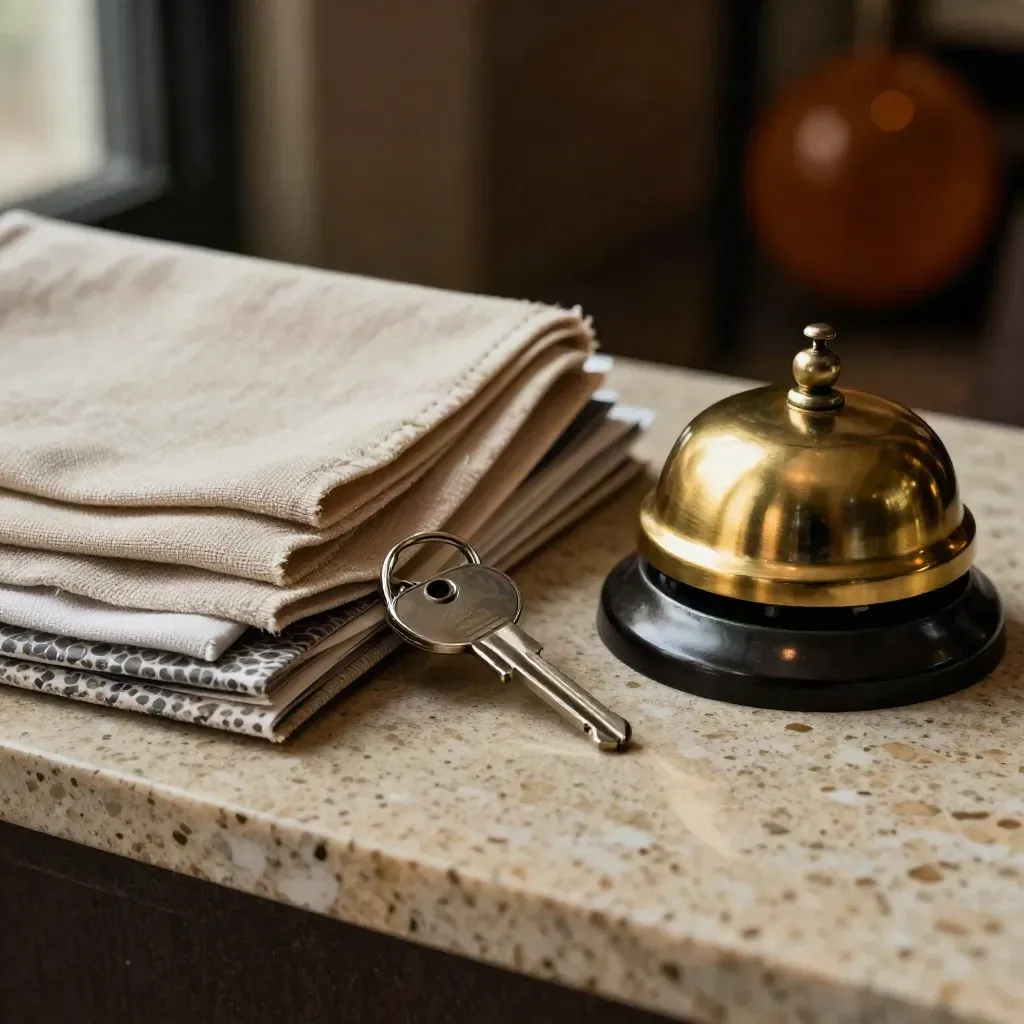 Macro still life of linen swatches, key fob, guest compendium cover and brass bell base.