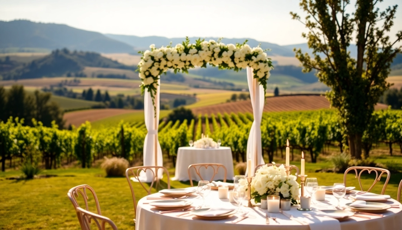 Ceremony setup at Clarksburg wedding venues with floral arch and vineyard backdrop