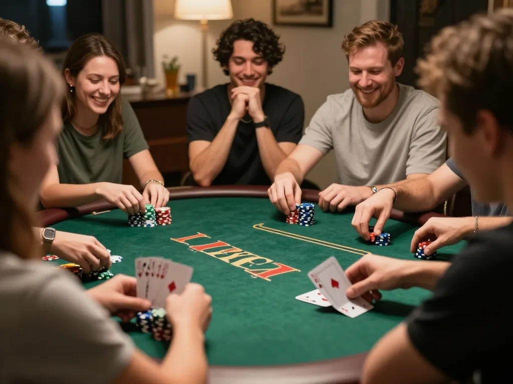Friends playing a poker game at home with W 88 chips, celebrating a winning hand in a cozy atmosphere