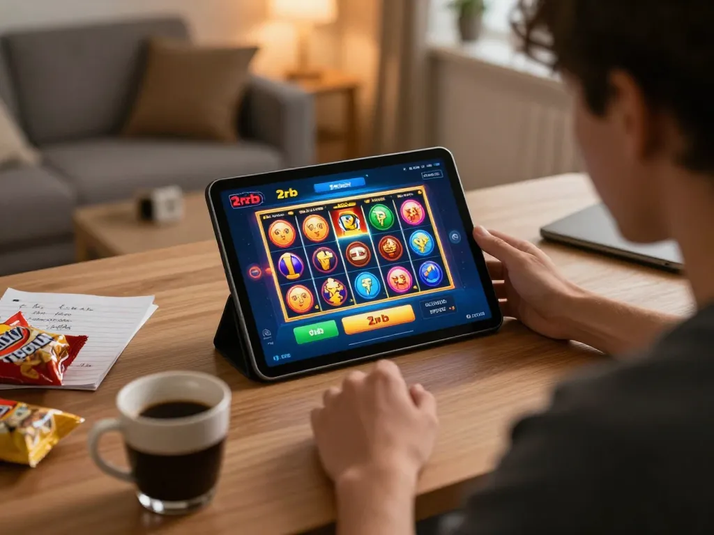Engaging scene of slot deposit 2rb gaming on a tablet at home, highlighting strategic gameplay in a cozy atmosphere.