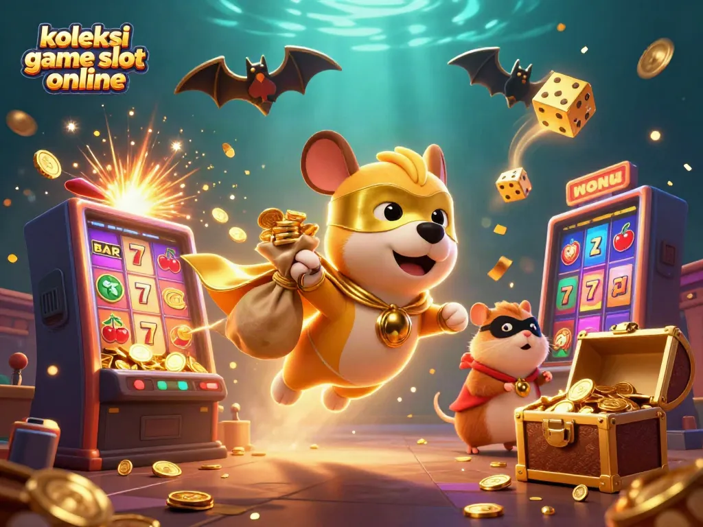 Bermain koleksi game slot online yang menyenangkan dengan karakter kartun superhero anjing terbang membawa koin emas.
