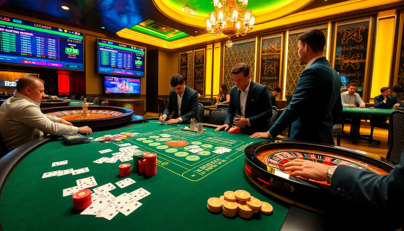 Exciting gameplay at Lc 88 casino with vibrant chips, cards, and roulette wheel.